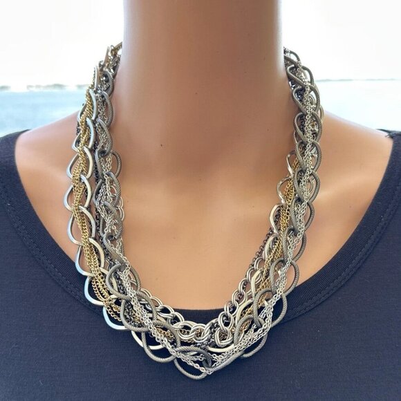 Chunky Necklace Multi Layer Gold Silver Tone Black Toggle Closure - Picture 1 of 2
